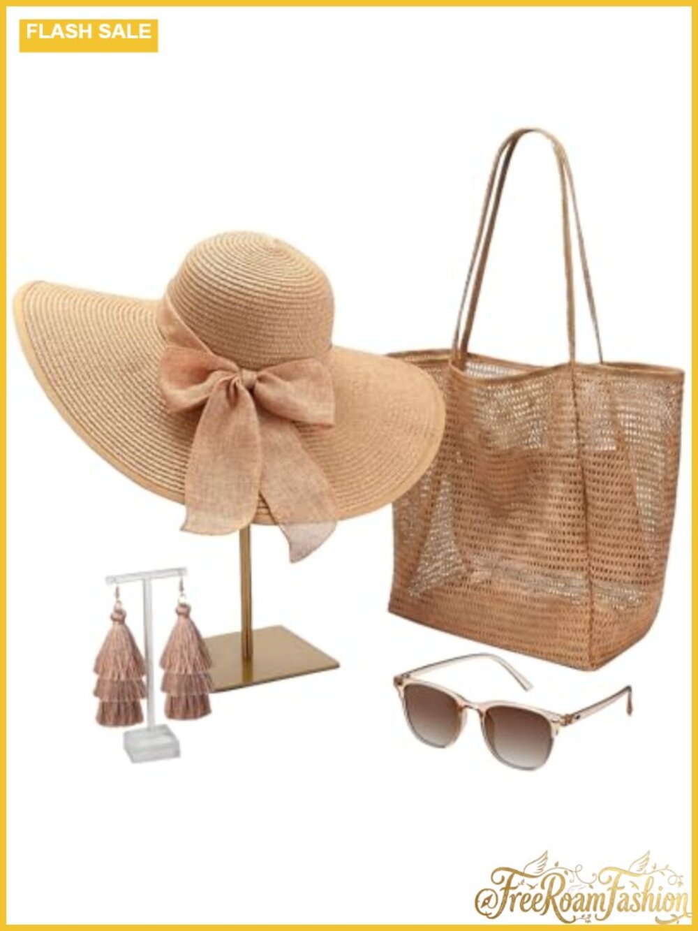 Straw Sun Hat Mesh Tote Bag Tassel Earrings Sunglasses Beach Vacation Set